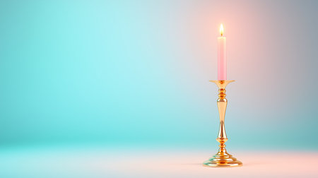 Candle in a candlestick on a blue background. 3d renderingの写真素材