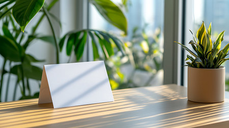 Blank business card mockup on wooden table with green plant and sunlightの写真素材
