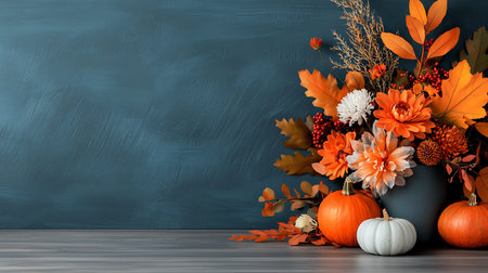 Autumn still life with pumpkins, flowers and leaves on blue backgroundの写真素材