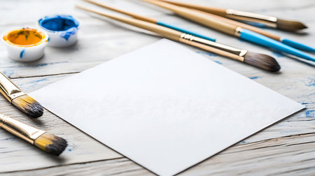 Paint brushes and blank sheet of paper on a white wooden backgroundの写真素材
