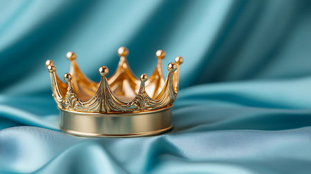 Gold crown on blue satin background. 3d render illustration.の写真素材