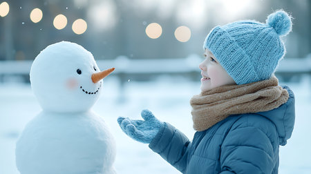 Cute little girl playing with snowman outdoors on a winter day.の写真素材