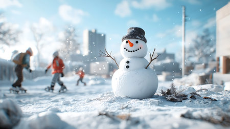 Snowman on the background of children skating on the ice rink in winterの写真素材