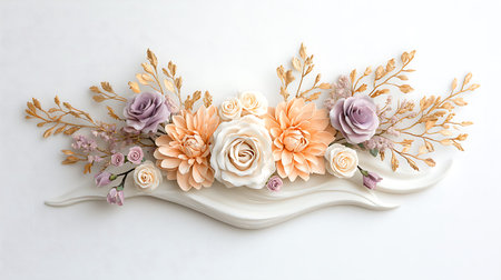 Paper flowers on white background. Flat lay, top view, copy spaceの写真素材