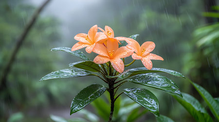 Beautiful orange flower with rain drops in the garden, stock photo