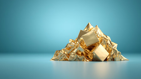 golden pyramid on blue background, 3d renderの写真素材