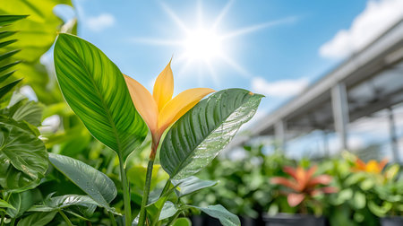 Beautiful yellow flower with green leaves in a greenhouse. Selective focus.
