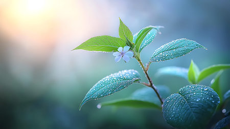 Green leaves with drops of dew in the morning. Nature background