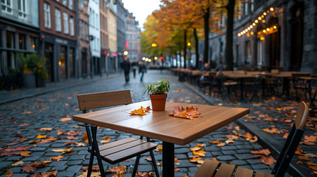 Empty table and chairs in an outdoor cafe in the old town of Riga, Latviaの写真素材
