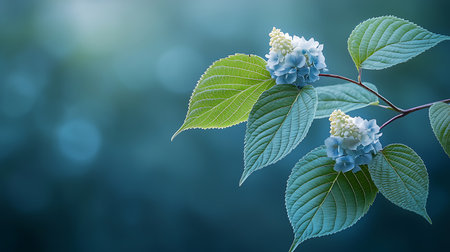 Hydrangea macrophylla branch with blue flowers and green leaves.の写真素材