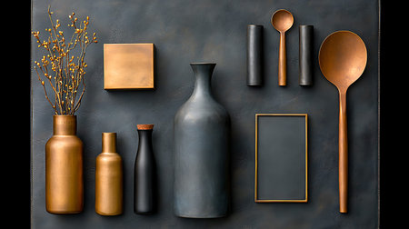 Mockup of wooden kitchen utensils on black background.の写真素材