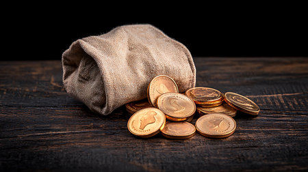 Money bag and coins on wooden table. Black background. Toned.の写真素材