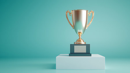 3d rendering of golden trophy cup on blue background with copy spaceの写真素材