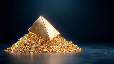 Gold pyramid on a dark background. 3d rendering, 3d illustration.の写真素材