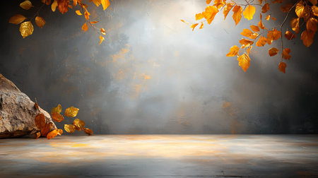 Autumn scene with leaves, 3d render, toned imageの写真素材