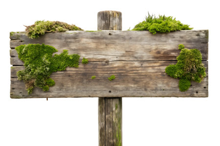 Wooden signboard with moss and lichen isolated on white backgroundの写真素材