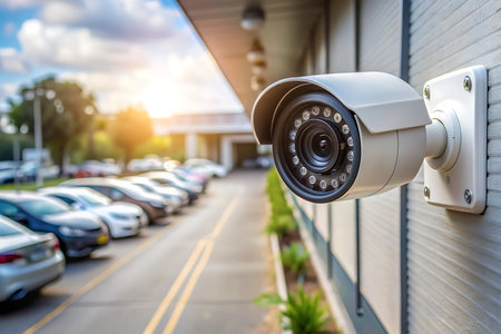 CCTV security camera or surveillance system or surveillance camera on building with car parking lot...