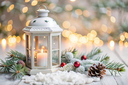 Christmas lantern with candle on bokeh background, christmas decorationの写真素材