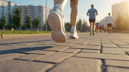Marathon running race, people group jogging on city road at beautiful summer day in sports shoes