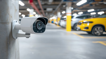 CCTV security camera in underground parking lot or garage with car background