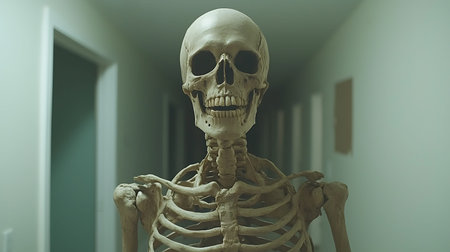 Human skeleton in the hall, 3D rendering. Computer digital drawing.