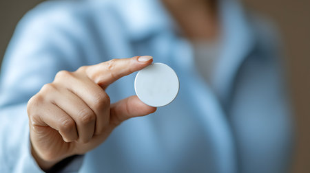 Woman holding a white pill in her hand. Focus on the pillの写真素材