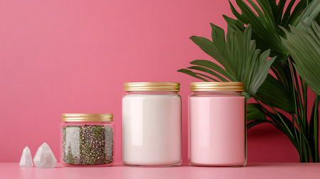 Mockup of cosmetic jars on pink background. 3d renderingの写真素材