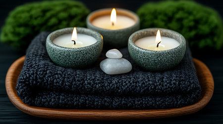 Spa still life with candles, towel and stones on black wooden backgroundの写真素材