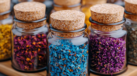 Colorful dried flowers in glass bottles close-up. Selective focus.の写真素材