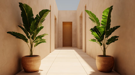 3D rendering of a corridor with plants and a door in the backgroundの写真素材