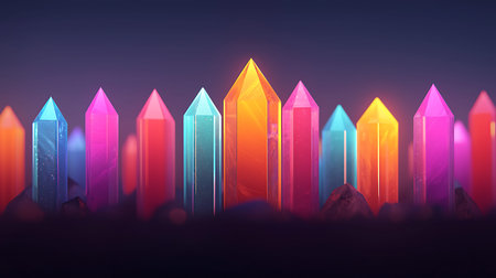 3d illustration of multicolored crystals in the dark background.