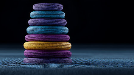 3d rendering of a stack of colorful rings on a blue background
