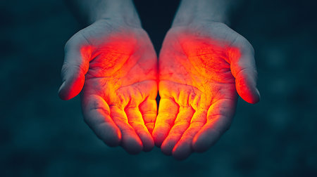 Human hands with red glowing blood on dark background. Concept of medicine and healthcare.の写真素材