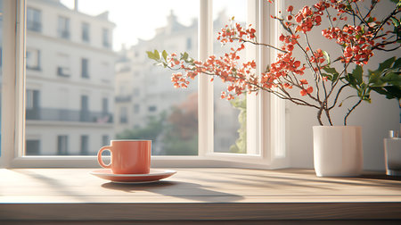 Cup of coffee on the windowsill in the morning. 3d rendering
