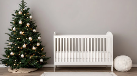 White baby cot with christmas tree on the grey wall backgroundの写真素材