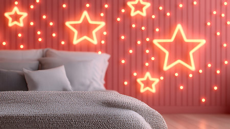 Comfortable bed with pillows against red wall with glowing garlandの写真素材