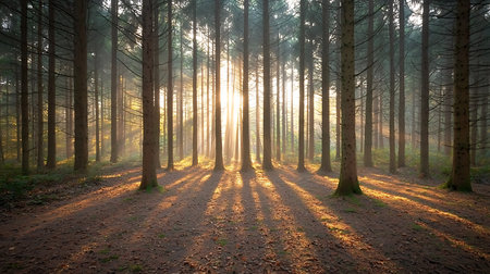 Sunset in a pine forest with sun rays passing through the treesの写真素材