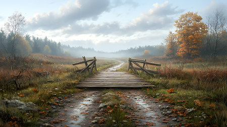 Autumn landscape with wooden bridge in foggy forest. 3d render