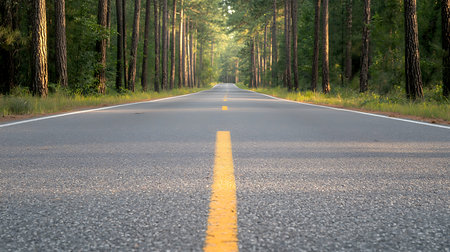 Empty asphalt road in the pine forest with yellow line on the road