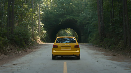 Yellow car on the road in the forest with a tunnel in the background