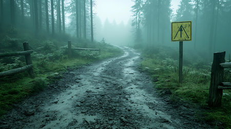 Dirt road in the misty forest with a warning sign.