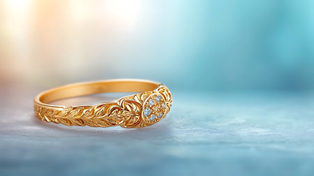 Wedding gold ring on blue background with bokeh effectの写真素材