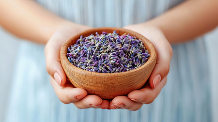 Dry lavender flowers in a wooden bowl in female hands.の写真素材