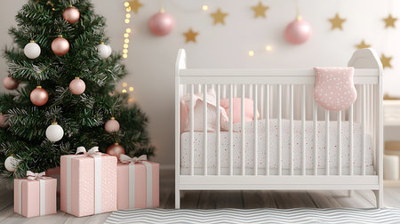 Baby room interior with christmas tree and presents 3d render illustrationの写真素材
