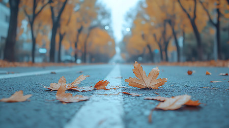 Fallen maple leaves on the asphalt road in the autumn park.の写真素材