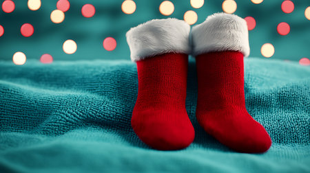 Christmas socks on a blue background with bokeh. Christmas backgroundの写真素材