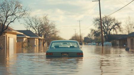 flooded houses and cars at a flooded street during a floodの写真素材