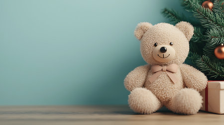 Teddy bear with christmas tree and gift box on wooden tableの写真素材