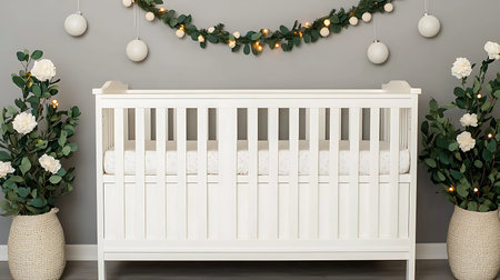 White baby cot with christmas garland on grey wall background