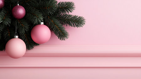 Christmas tree branches with pink baubles on pink background. 3D illustration.の写真素材